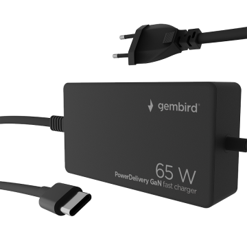 AC ADAPTER univerzalni za notebok GEMBIRD 65W PowerDelivery GaN USB, Type-C fast charger, black, NPA-AC-PDQC65-01
