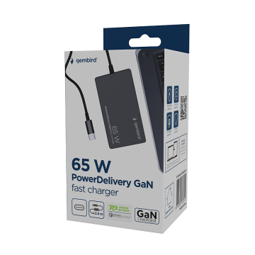 AC ADAPTER univerzalni za notebok GEMBIRD 65W PowerDelivery GaN USB, Type-C fast charger, black, NPA-AC-PDQC65-01