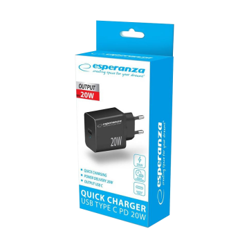 USB punjač Type-C fast charger, ESPERANZA QUICK POWER CHARGER 20W USB-C PD, BLACK, EZC104K