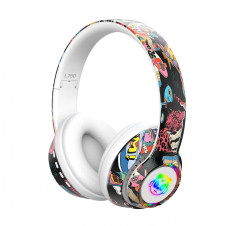 Slušalice bluetooth L750 HiFi RGB stickerbomb design, white