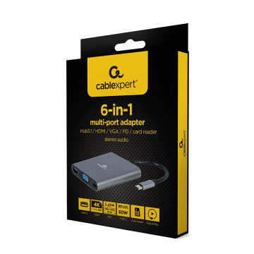 Docking station USB adapter Type-C 6-in-1 multi-port adapter (Hub3.1 + HDMI + VGA + PD + card reader + stereo audio), space grey