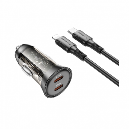 Auto Punjač sa kablom 1m Type-C to iPhone/lightning BOROFONE BZ26B Discovery PD45W 2xType-C car set transparent black