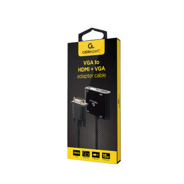 Video adapter VGA to HDMI + VGA adapter 0.15 m, black, GEMBIRD A-VGA-HDMI-02