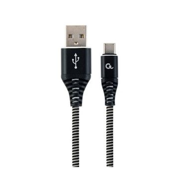 USB 2.0 kabl Premium cotton braided Type-C USB charging and data cable, 2m, black/white, GEMBIRD CC-USB2B-AMCM-2M-BW