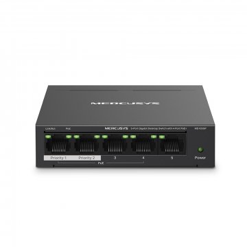 Mercusys MS105GP 5-Port Gigabit Desktop Switch with 4-Port PoE+, 4×Gigabit PoE+ Ports, 1×Gigabit Non-PoE Port, 65 W PoE Power,