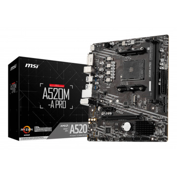 MSI Main Board Desktop A520M-A PRO (A520, AM4, 2xDDR4, 1x PCI-E 3.0 x16 slot,1x M.2 slot,4x USB 3.2 Gen1,2x USB 2.0,1x HDMI,1x